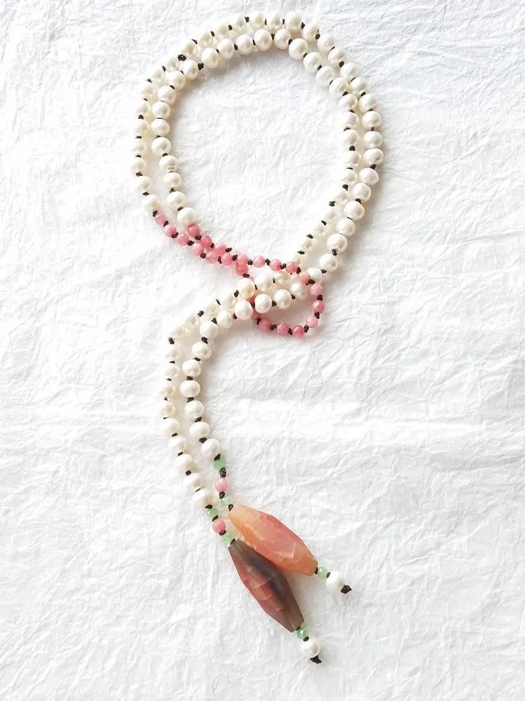 Lariat Style White Freshwater Pearl Pink Faceted Druzy Agate Barrel Leather Hand Knotted Necklace, Pink Tulips Necklace