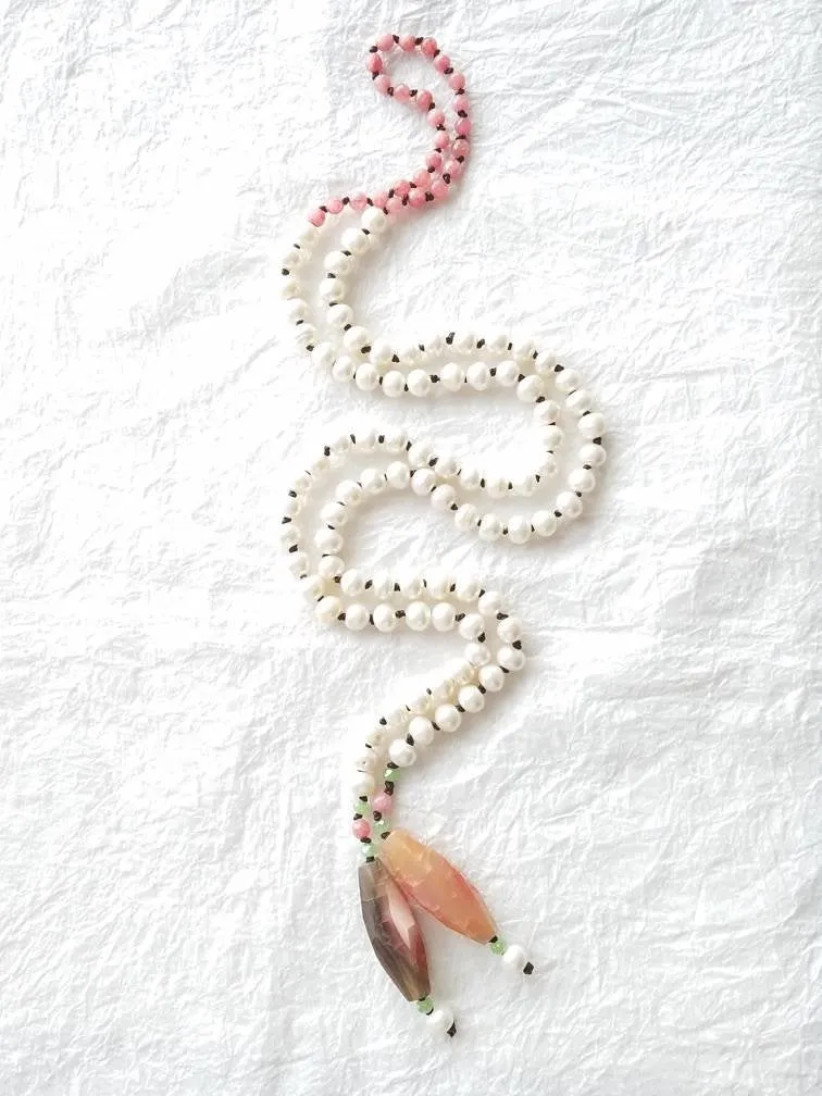 Lariat Style White Freshwater Pearl Pink Faceted Druzy Agate Barrel Leather Hand Knotted Necklace, Pink Tulips Necklace