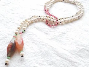 Lariat Style White Freshwater Pearl Pink Faceted Druzy Agate Barrel Leather Hand Knotted Necklace, Pink Tulips Necklace