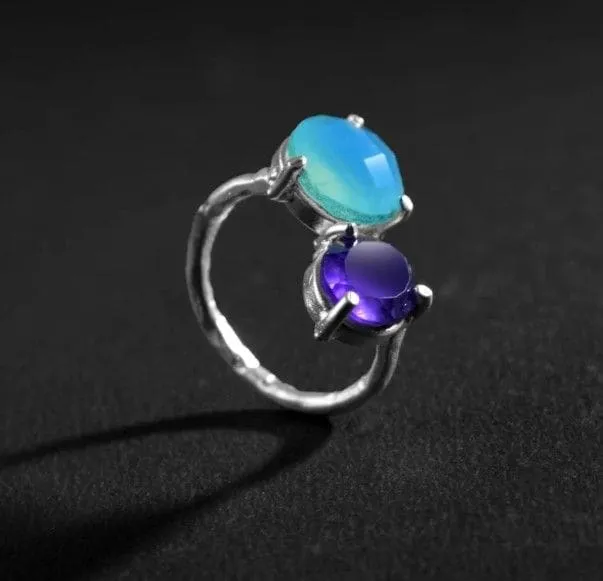 Multi Stone 925 Sterling Silver Ring, Iolite,Chalcedony Handmade Designer Jewelry, Gift for Her