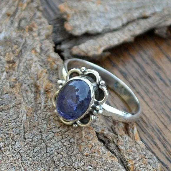 Natural Iolite Gemstone Ring -Bezel Set Designer Ring -Birthday Gift, Iolite Jewelry, Nickel Free