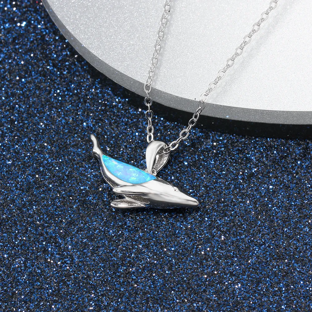 Ocean Whale Blue Opal Sterling Silver Necklace