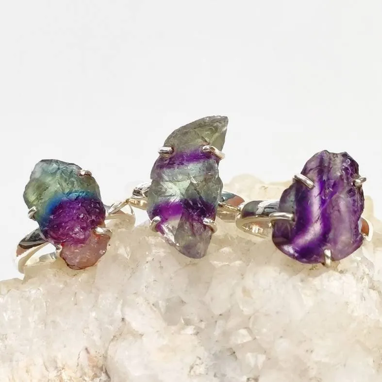 Raw Rainbow Fluorite Crystal Ring