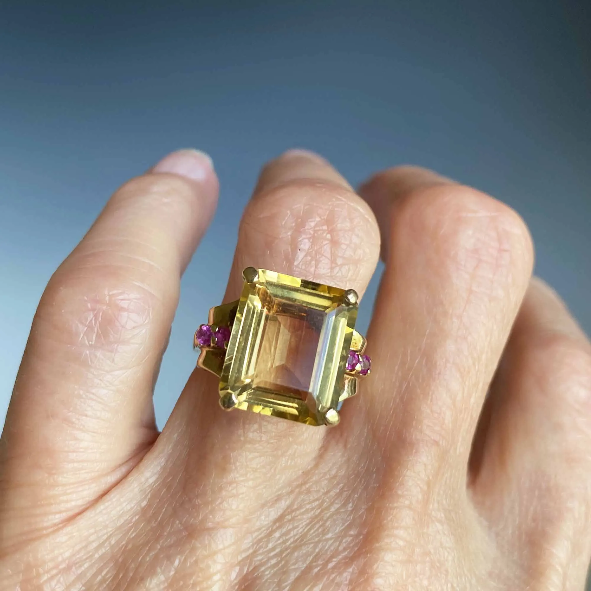 Retro 14K Gold Ruby Heliodor Beryl Ring