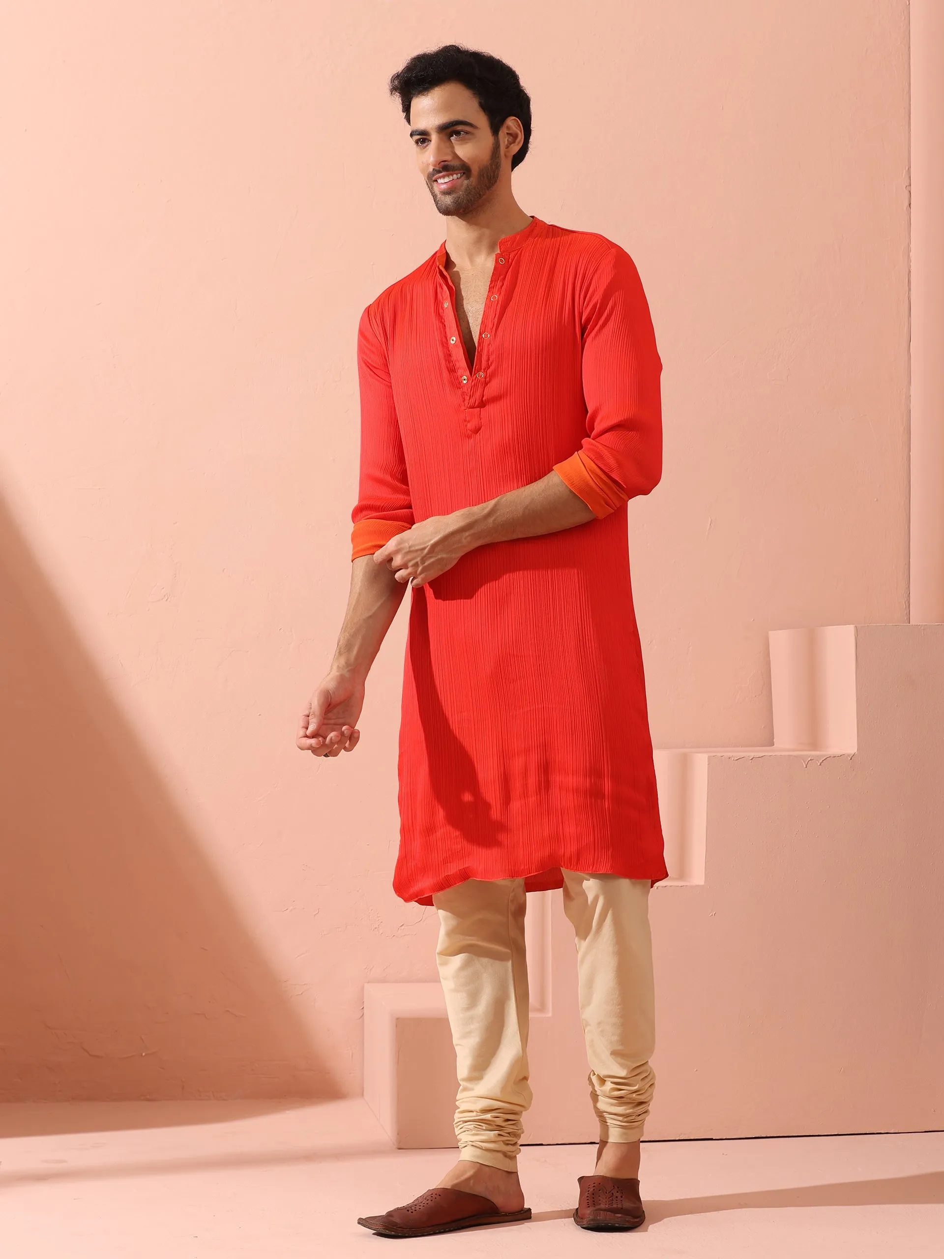 Reversible Fire and Cool Orange Red Chiffon Kurta With Snaps