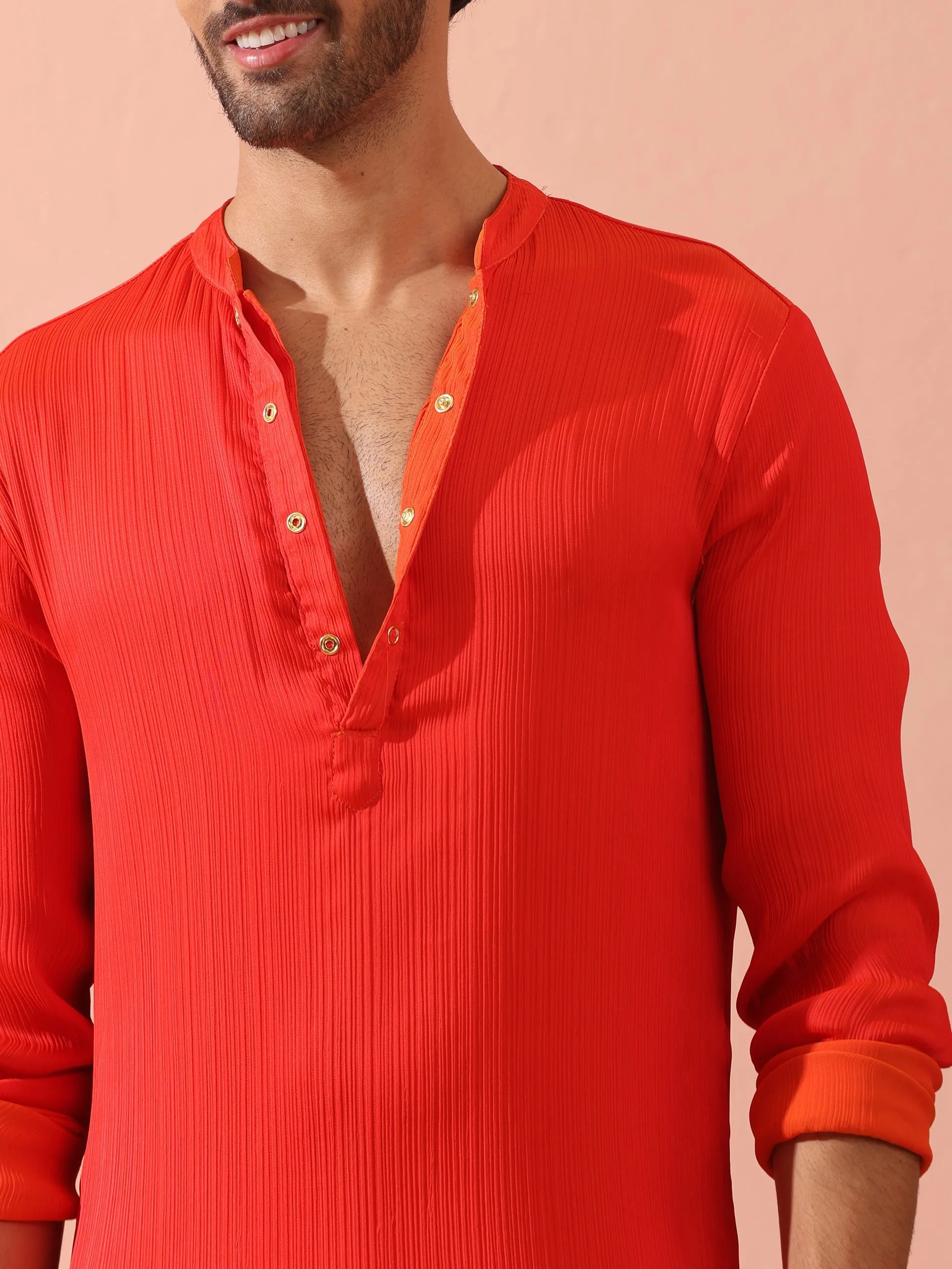 Reversible Fire and Cool Orange Red Chiffon Kurta With Snaps