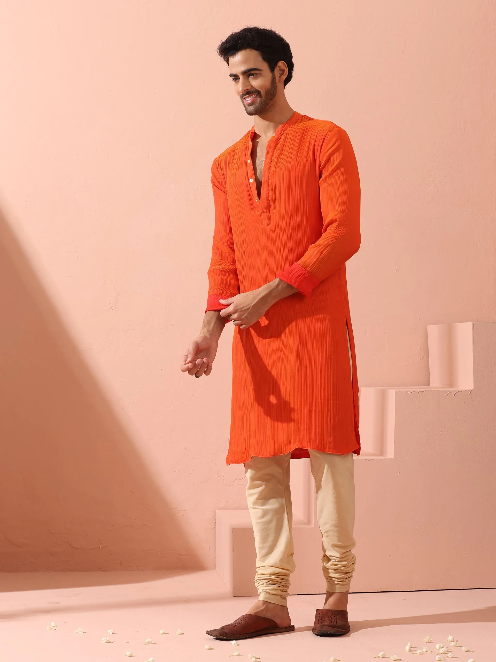 Reversible Fire and Cool Orange Red Chiffon Kurta With Snaps