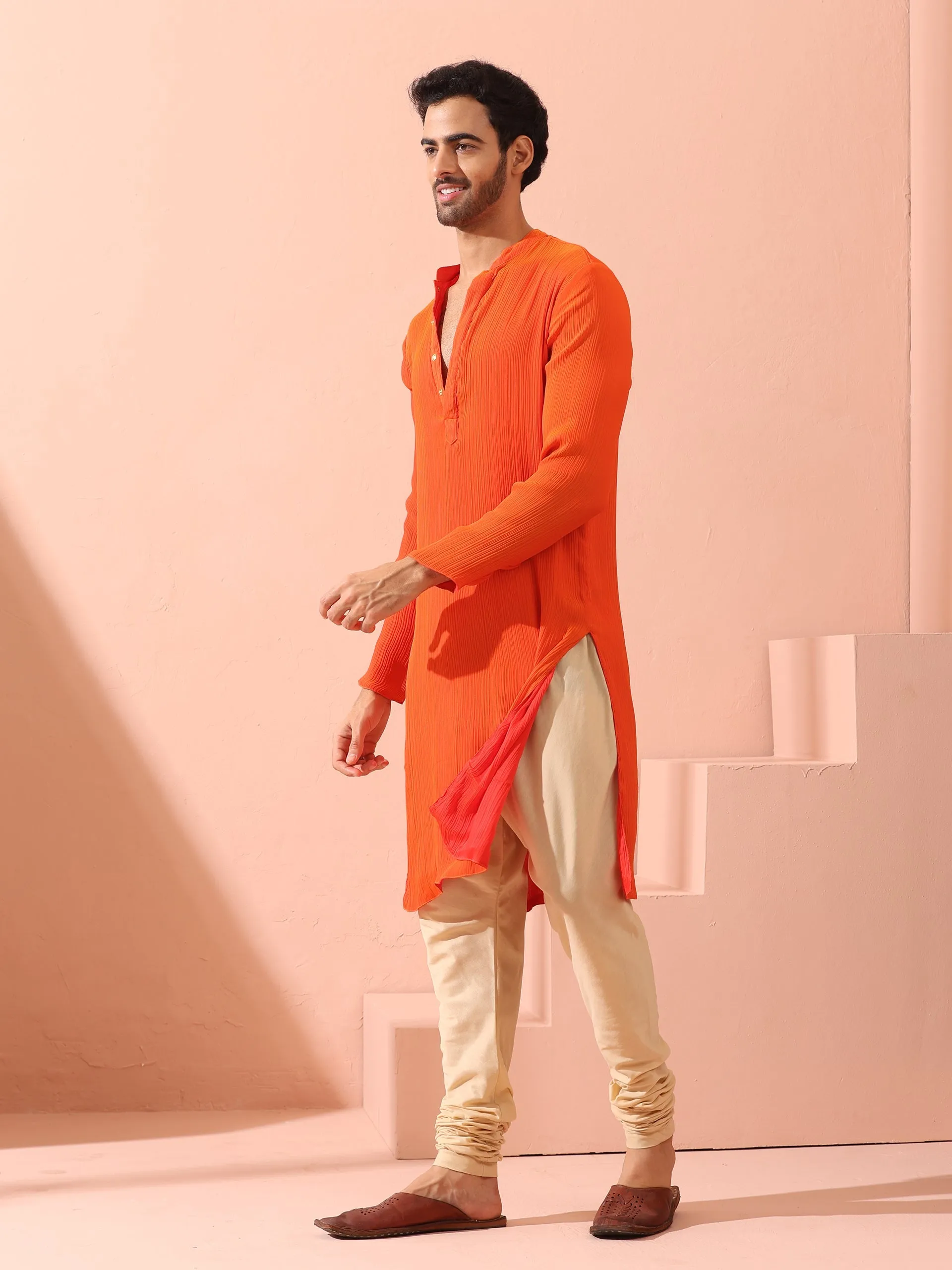 Reversible Fire and Cool Orange Red Chiffon Kurta With Snaps