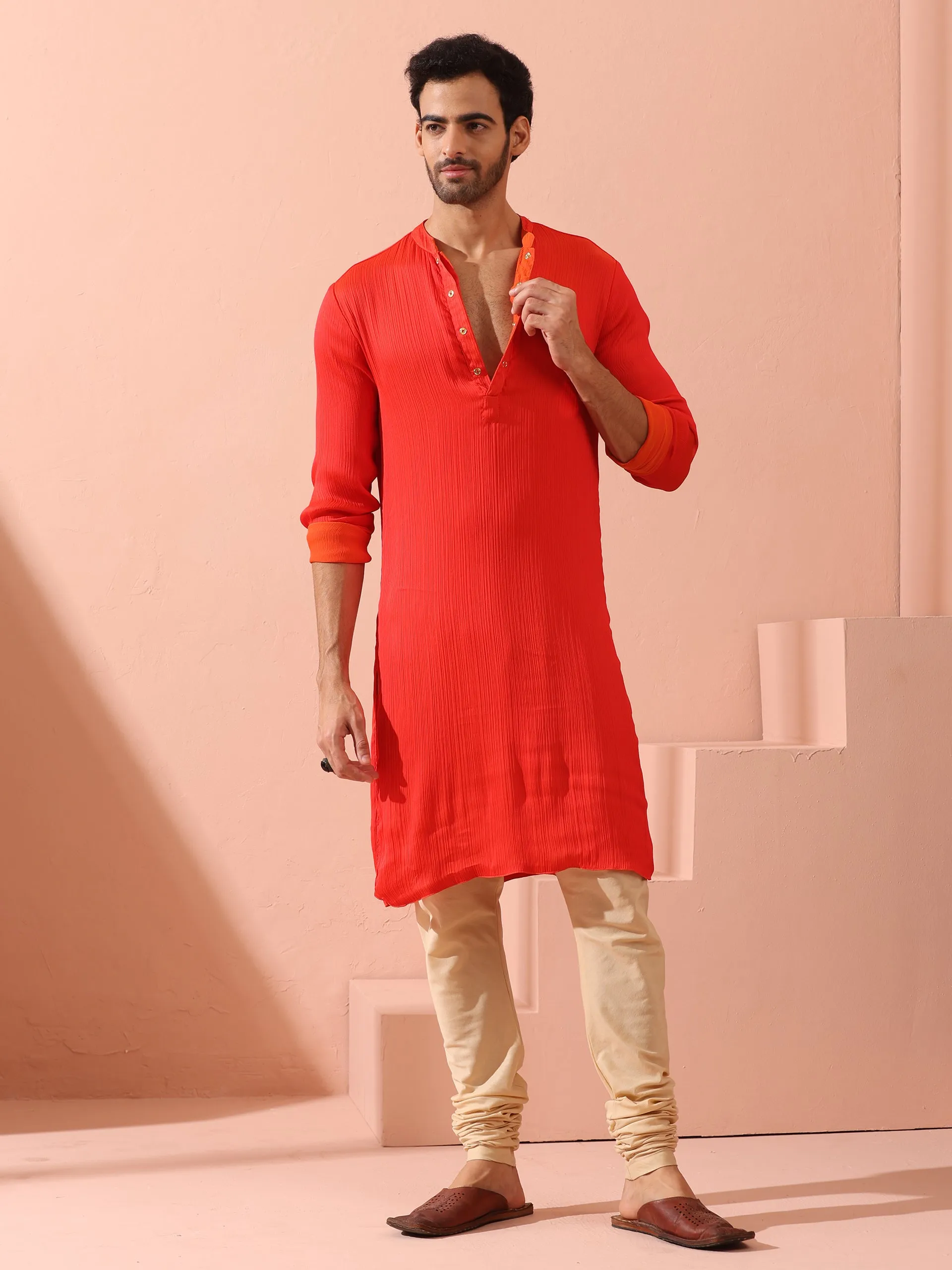 Reversible Fire and Cool Orange Red Chiffon Kurta With Snaps