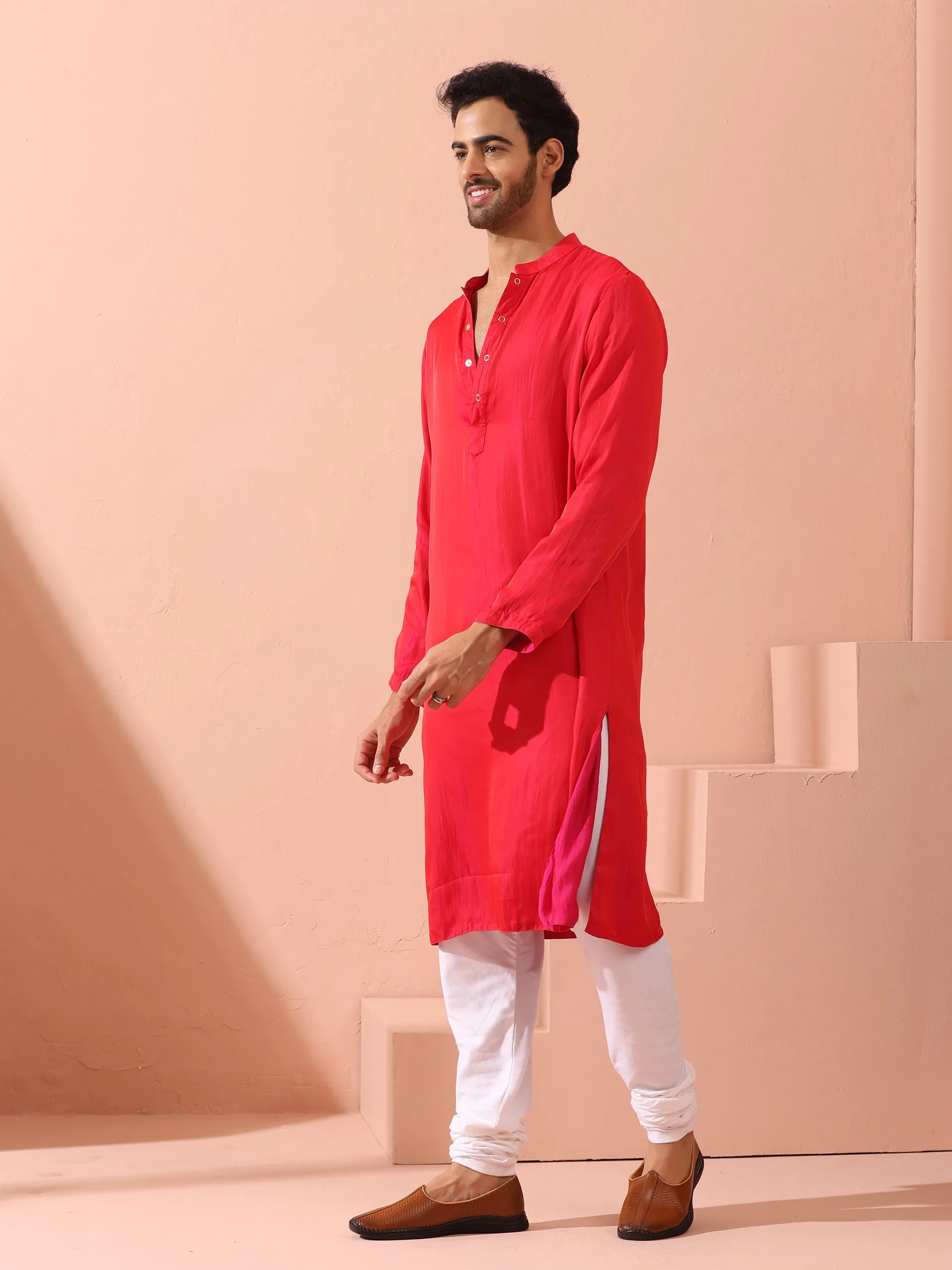 Reversible Romance and Charm Red Pink Satin Kurta With Snaps