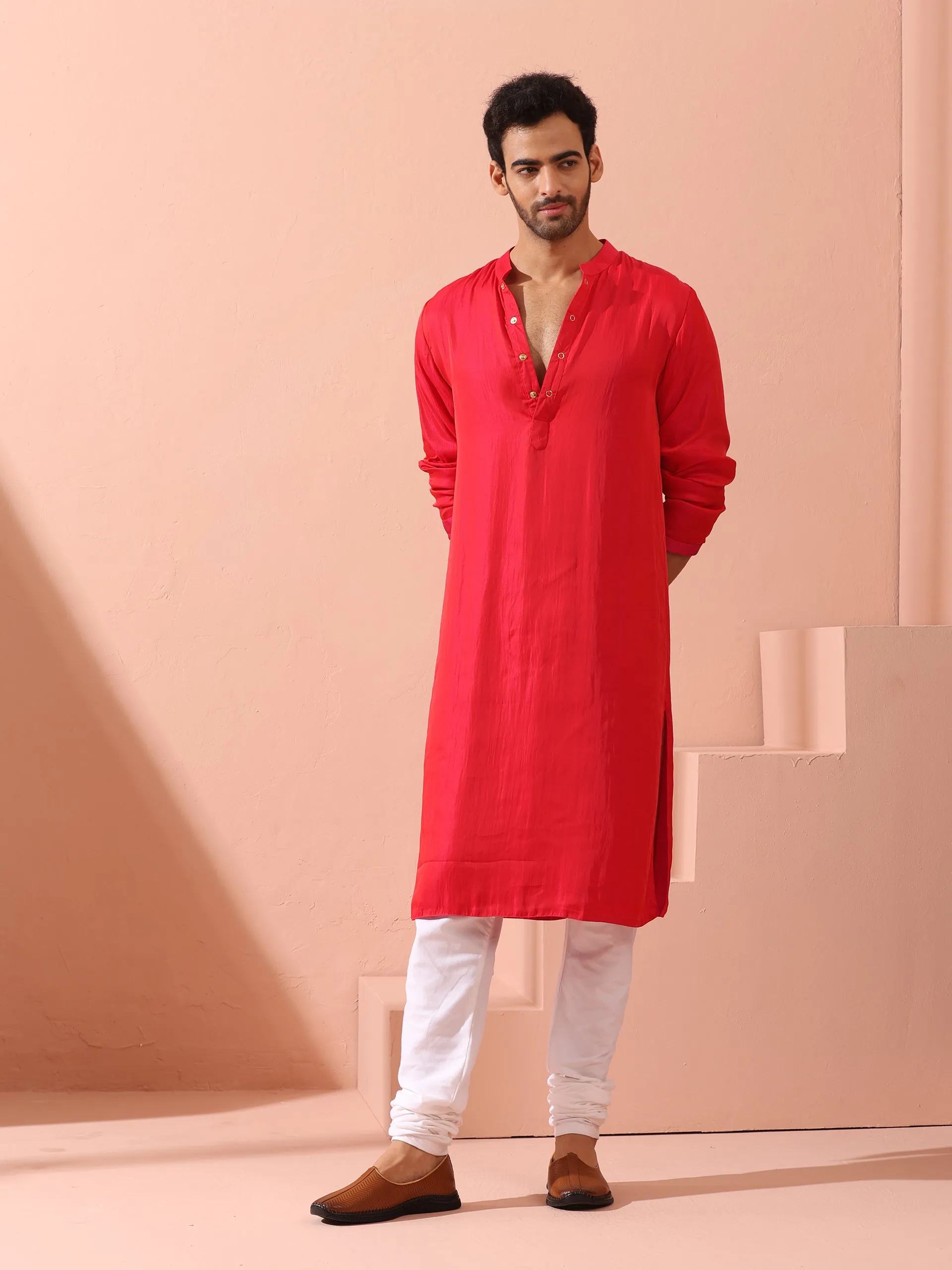 Reversible Romance and Charm Red Pink Satin Kurta With Snaps