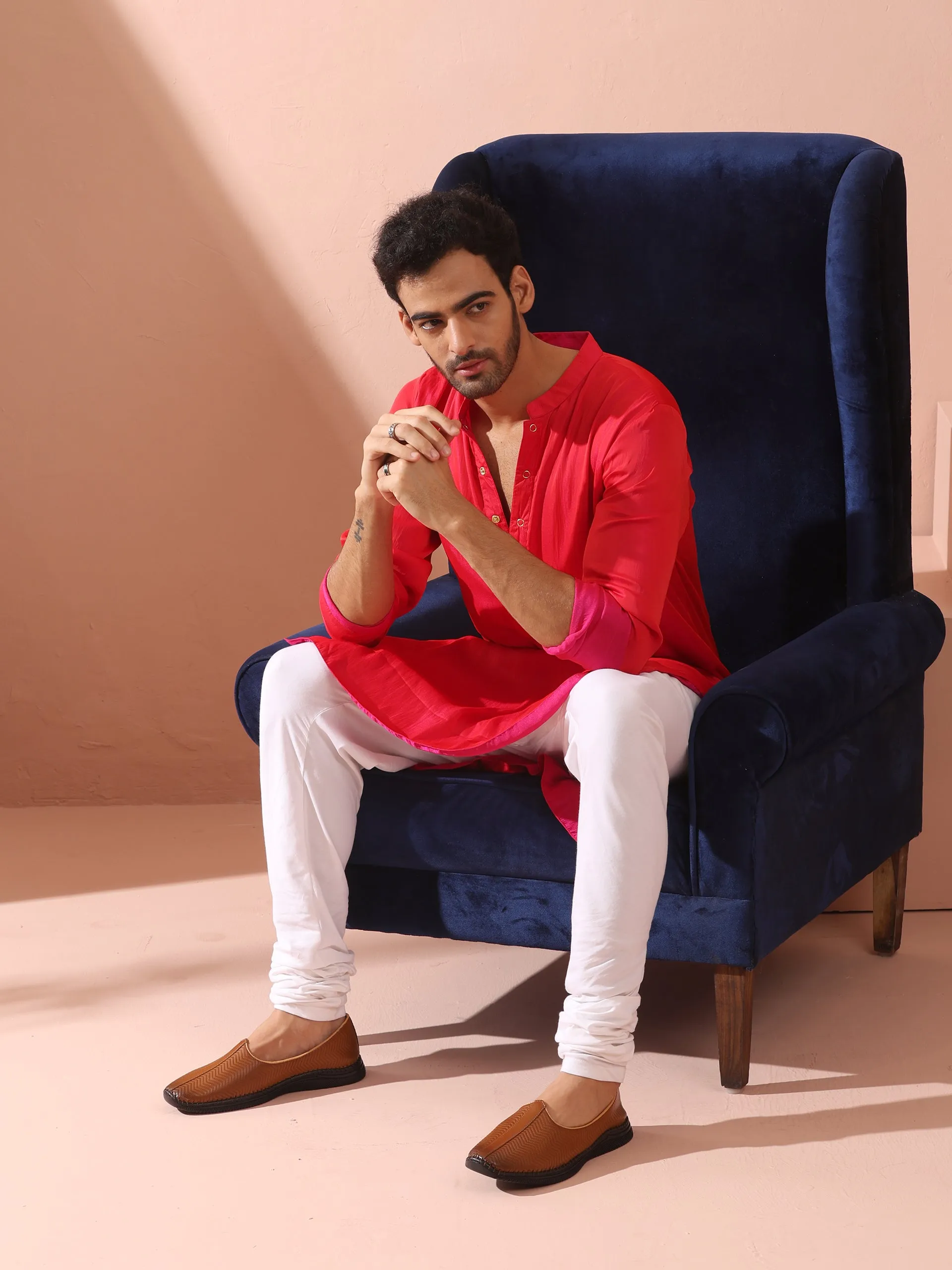 Reversible Romance and Charm Red Pink Satin Kurta With Snaps