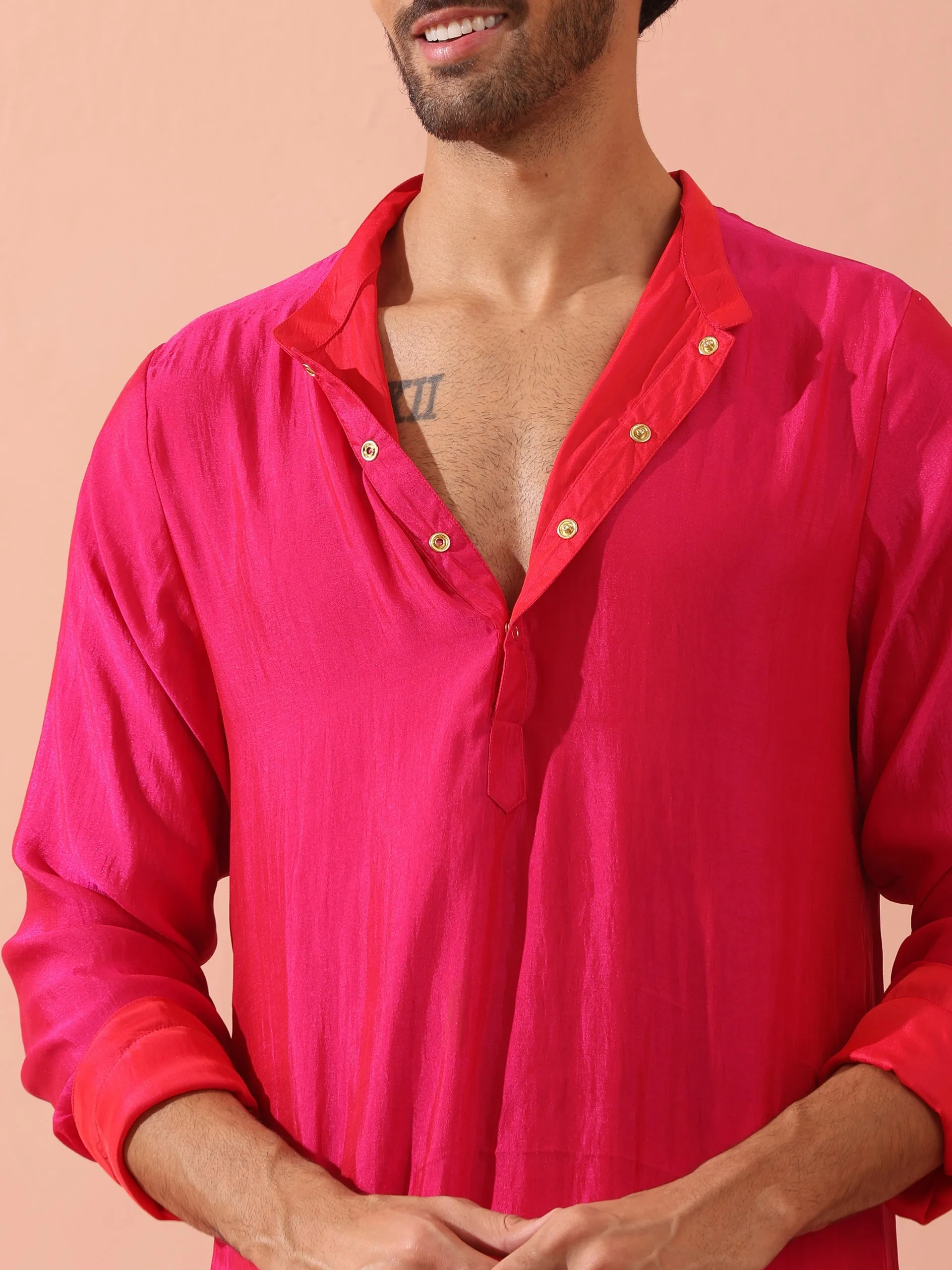 Reversible Romance and Charm Red Pink Satin Kurta With Snaps