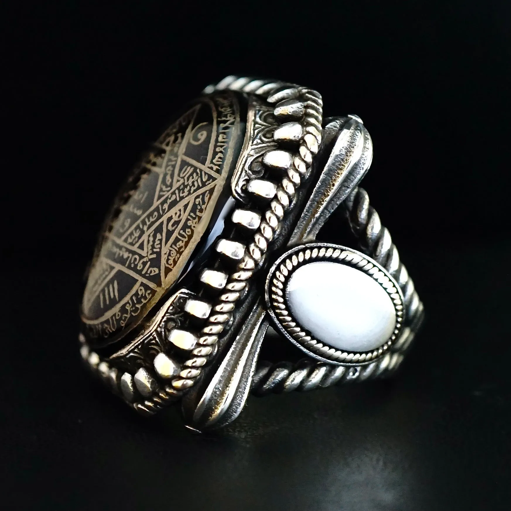 Ring Seal of Solomon Hand-engraved Onyx 925 Sterling Silver natural black gemstone Unique Islamic Talisman Amulet