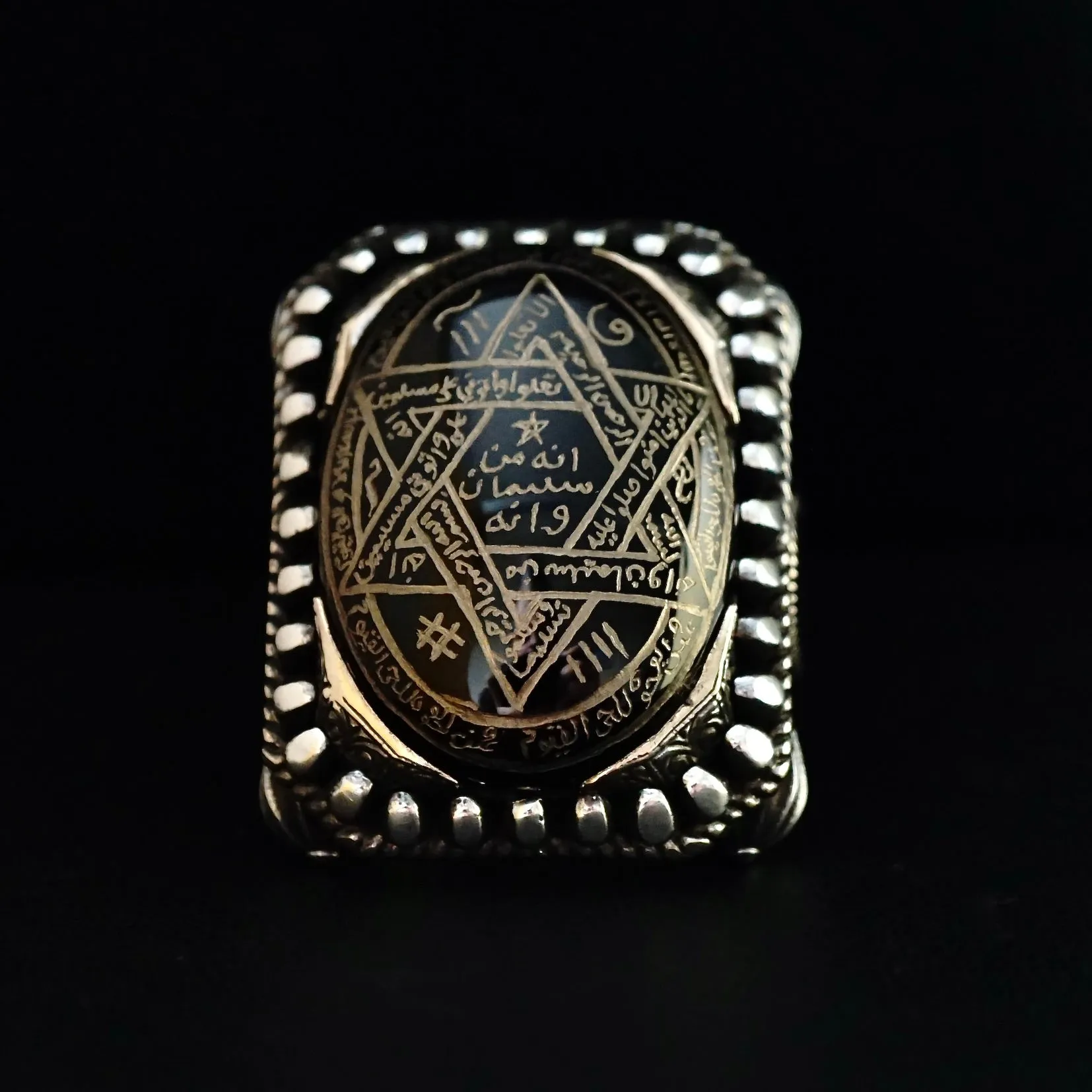 Ring Seal of Solomon Hand-engraved Onyx 925 Sterling Silver natural black gemstone Unique Islamic Talisman Amulet