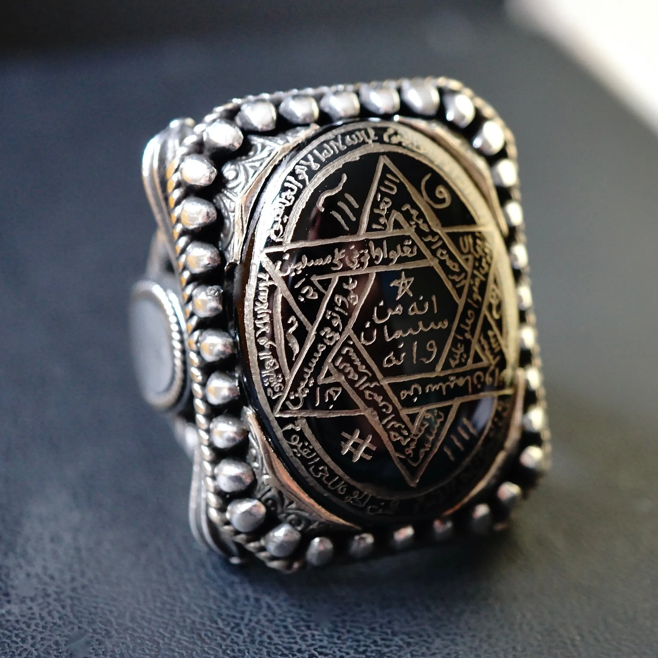 Ring Seal of Solomon Hand-engraved Onyx 925 Sterling Silver natural black gemstone Unique Islamic Talisman Amulet