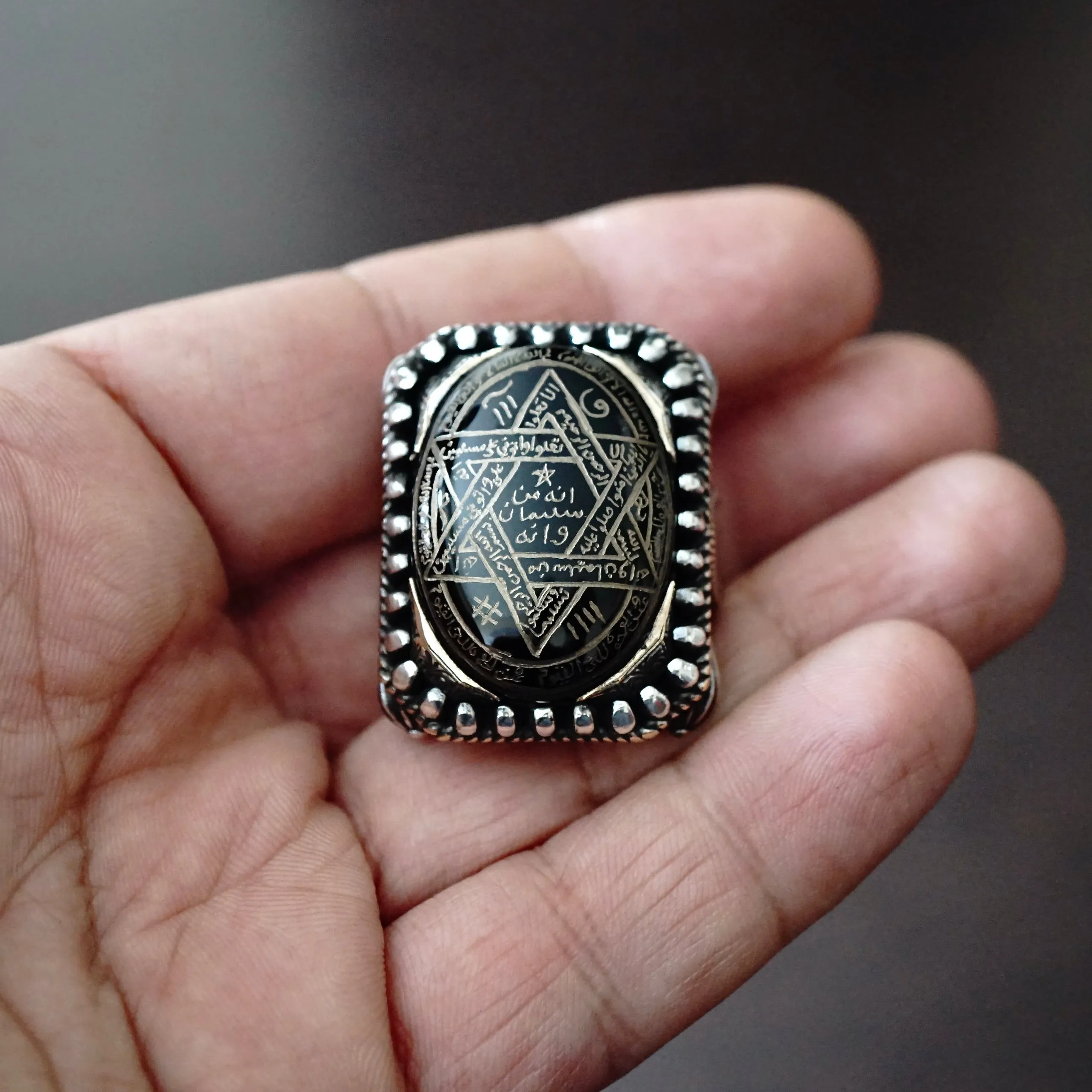 Ring Seal of Solomon Hand-engraved Onyx 925 Sterling Silver natural black gemstone Unique Islamic Talisman Amulet