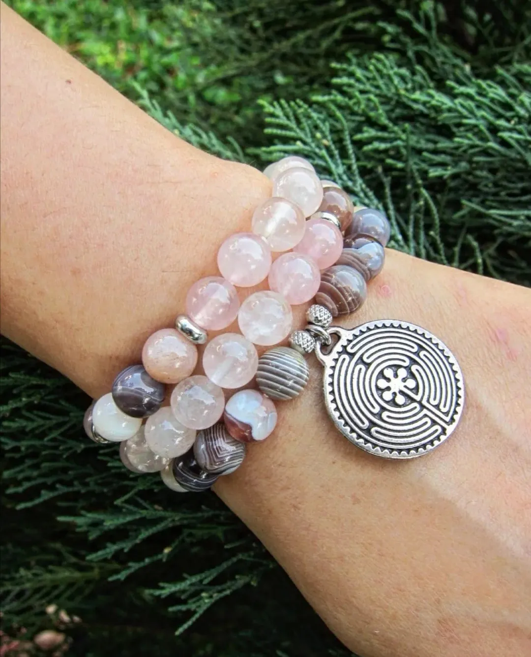 SALE - 54 Bead Mala Necklace in Rose Quartz and Botswana Agate with Labyrinth Charm