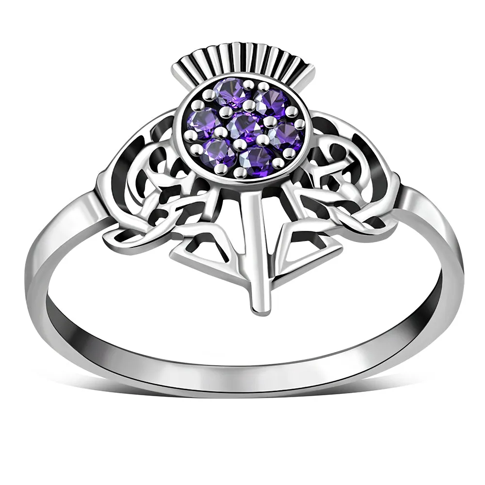 Scottish Thistle Sterling Silver Ring w/ Amethyst CZ