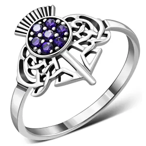 Scottish Thistle Sterling Silver Ring w/ Amethyst CZ