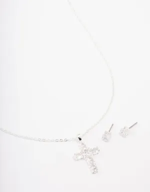 Silver Plated Cubic Zirconia Square Cross Pendant Necklace & Stud Earring Set