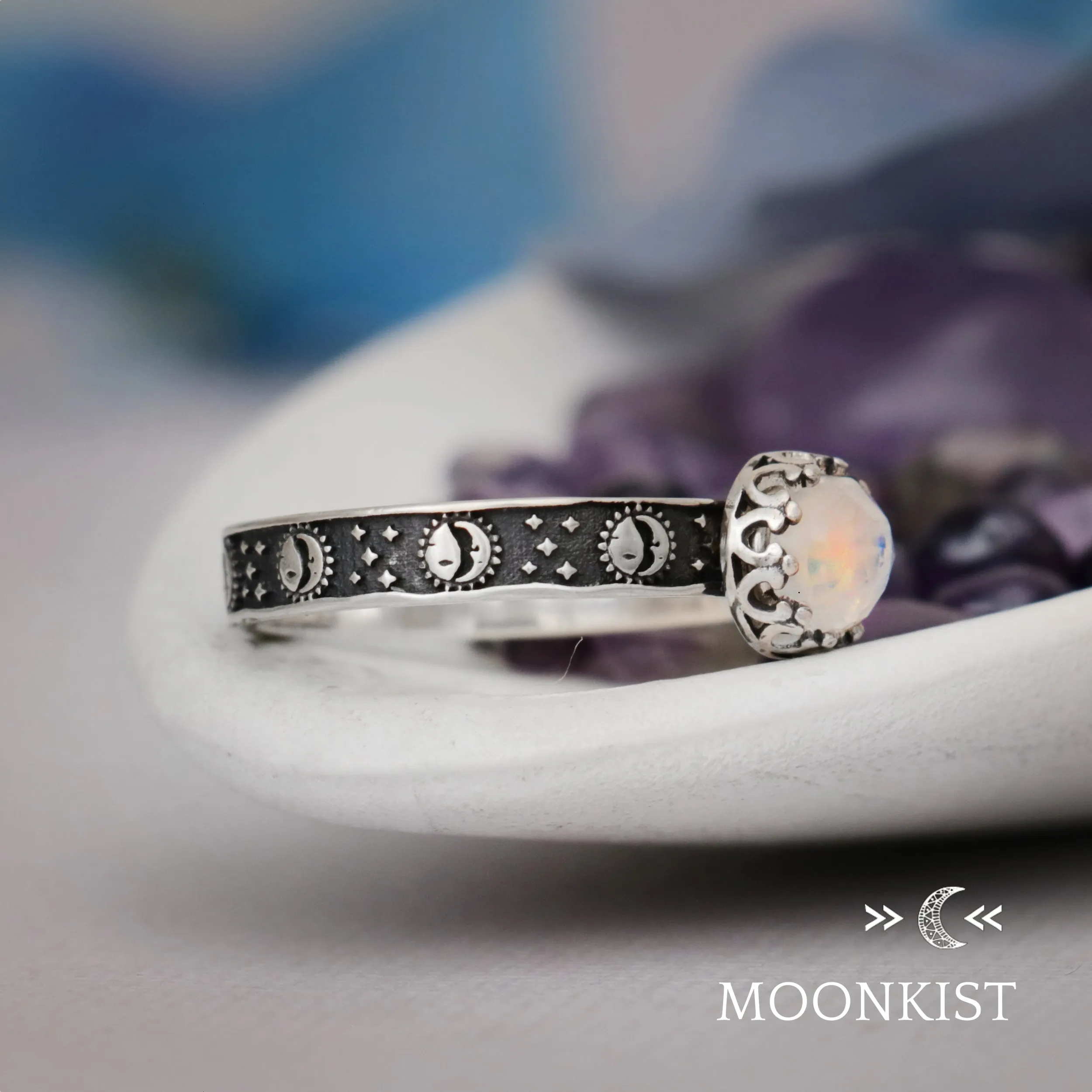 Silver Sun and Moon Engagement Promise Ring | Moonkist Designs