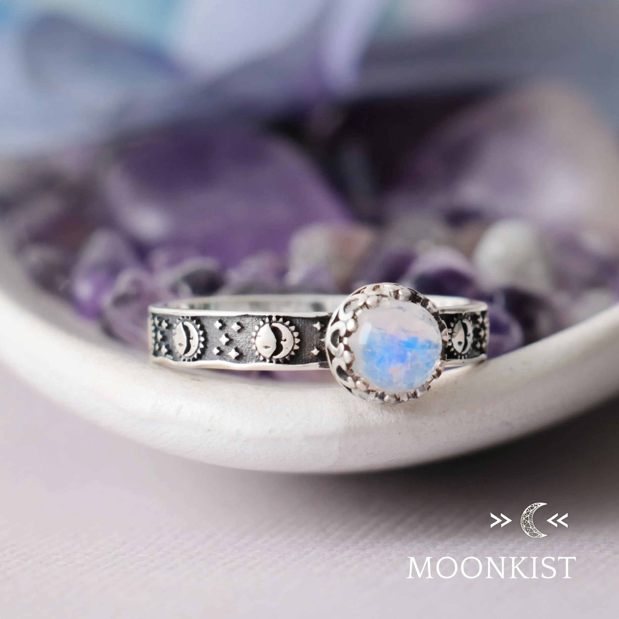 Silver Sun and Moon Engagement Promise Ring | Moonkist Designs