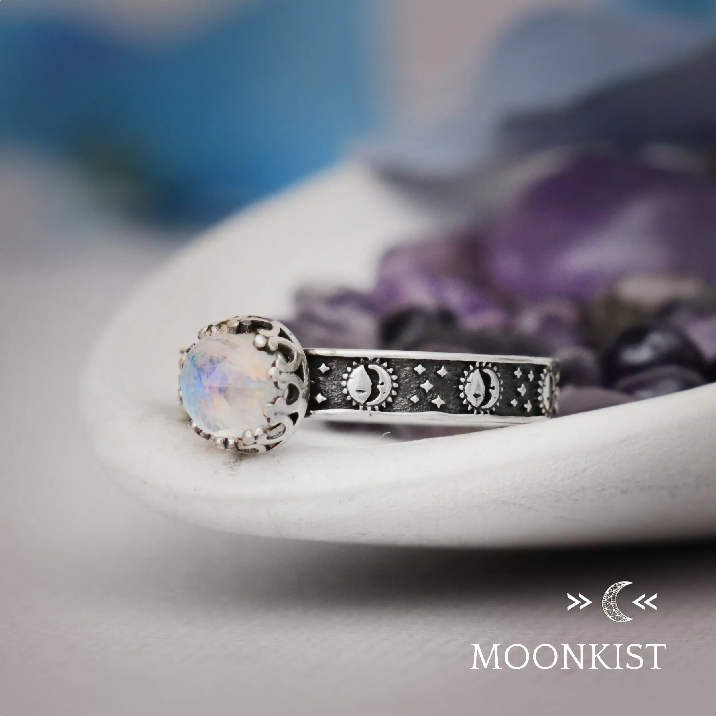 Silver Sun and Moon Engagement Promise Ring | Moonkist Designs