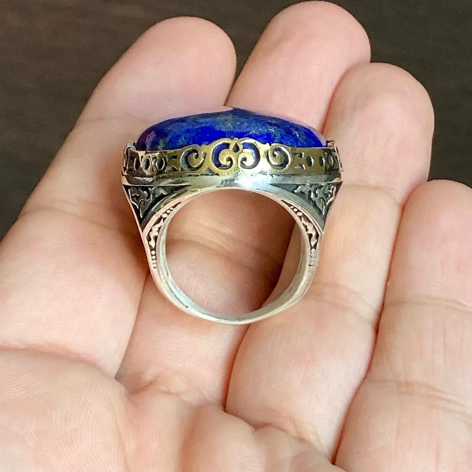 Sterling Silver Mens Ring Huge Lapis Lazuli Unique Artisan Statement Jewelry