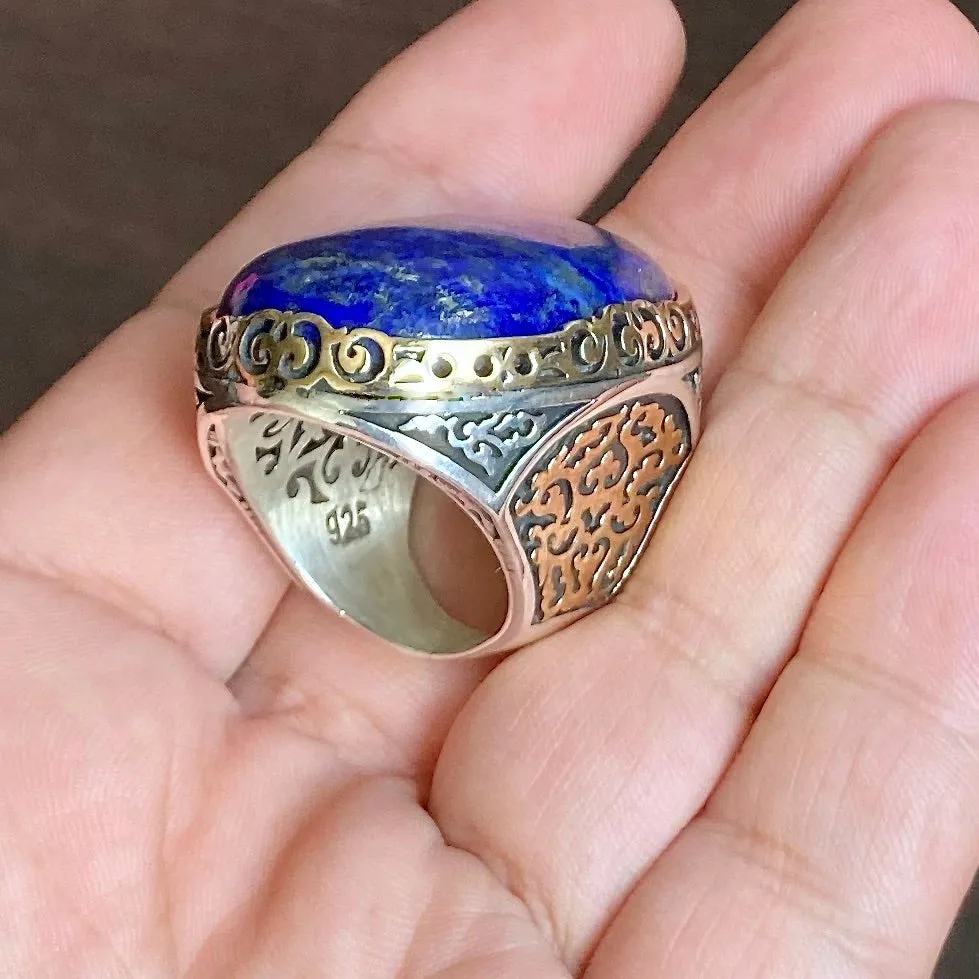 Sterling Silver Mens Ring Huge Lapis Lazuli Unique Artisan Statement Jewelry