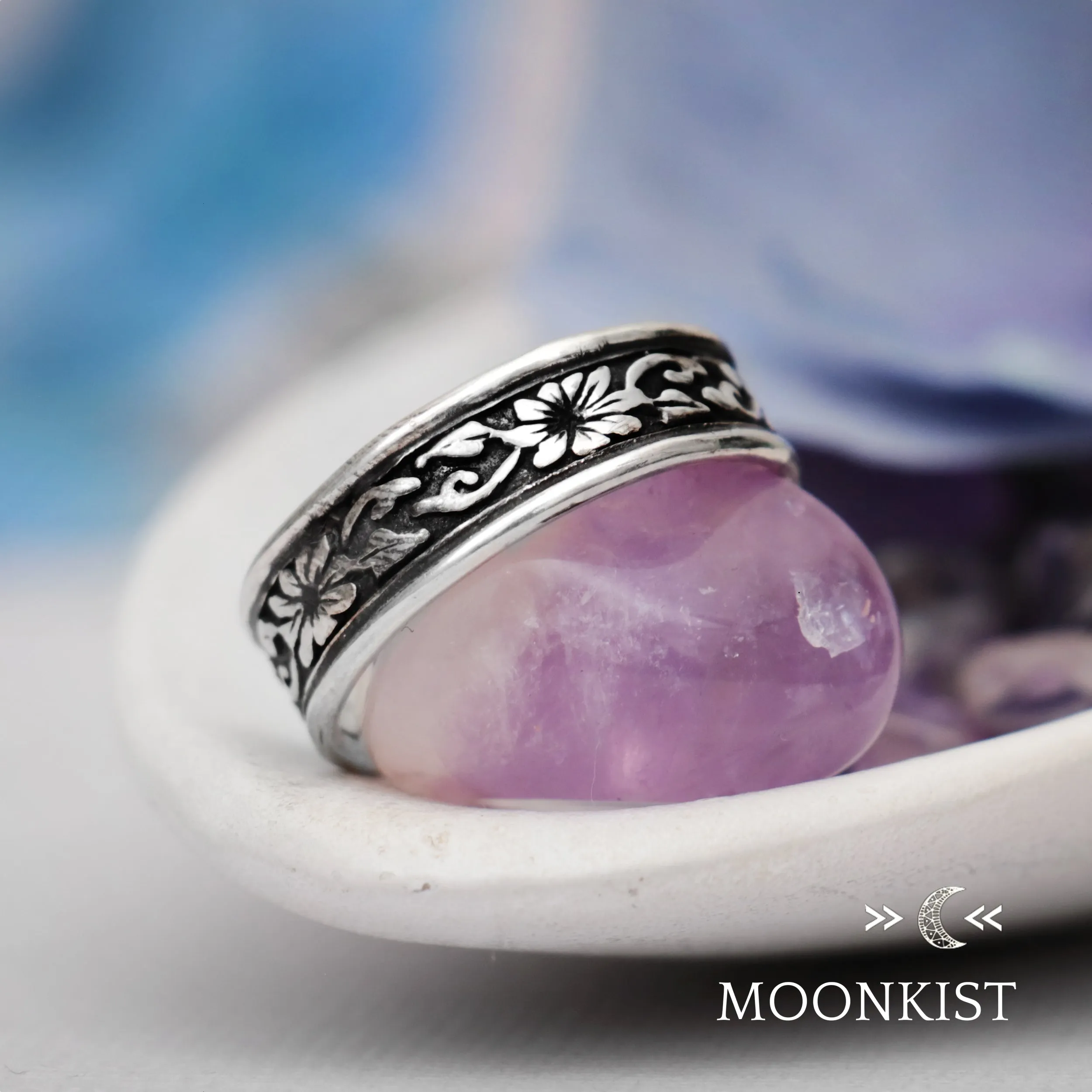 Sterling Silver Morning Glory Flower Wide Wedding Band | Moonkist Designs