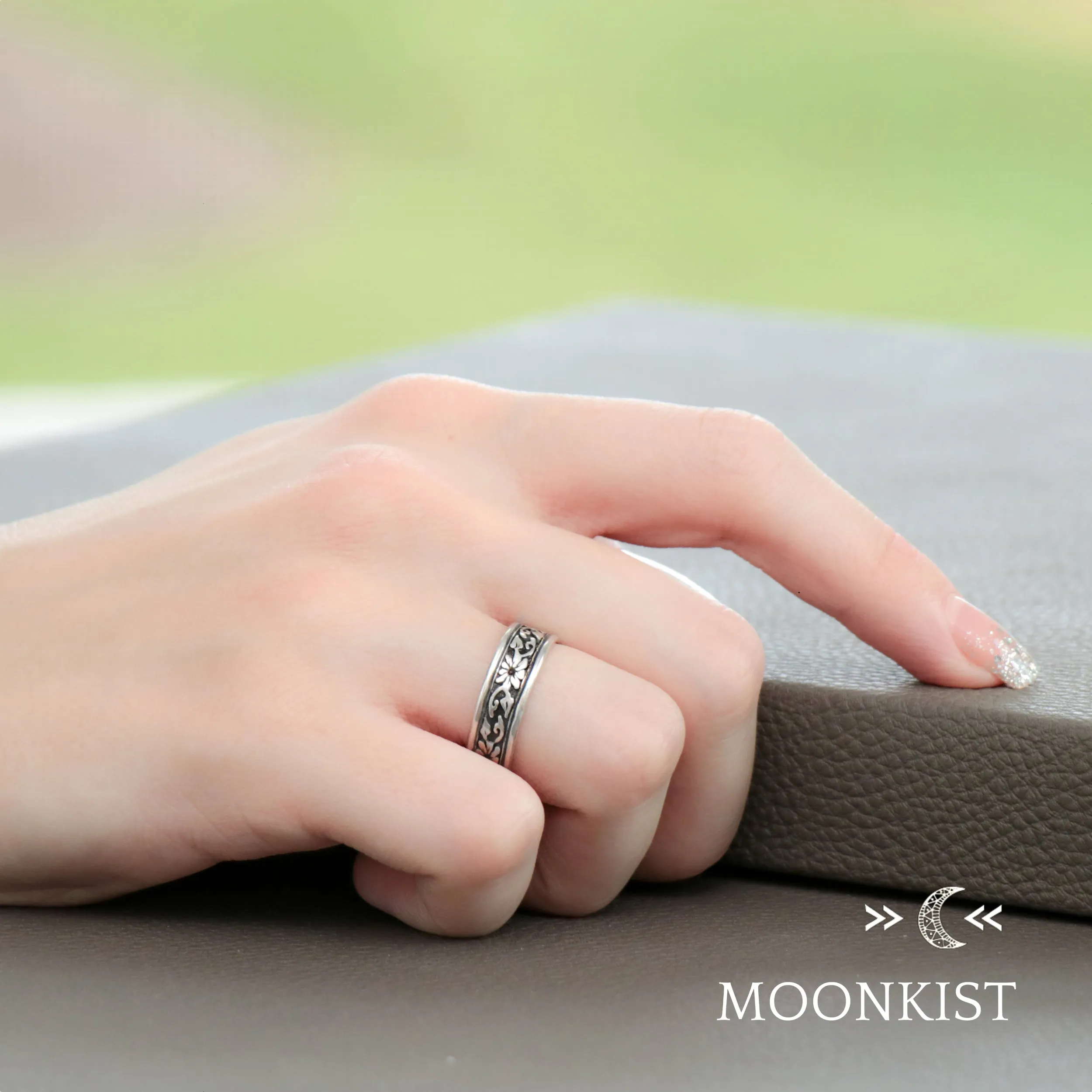 Sterling Silver Morning Glory Flower Wide Wedding Band | Moonkist Designs