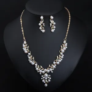 Style simple rhinestone pearl necklace and earrings set feminine and versatile accessories