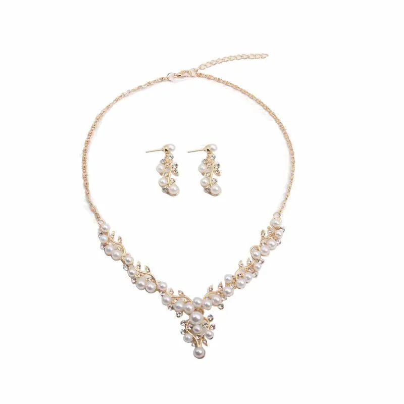 Style simple rhinestone pearl necklace and earrings set feminine and versatile accessories