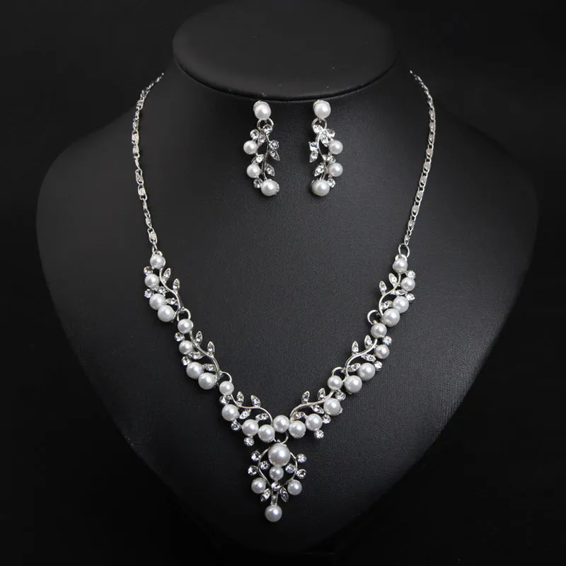 Style simple rhinestone pearl necklace and earrings set feminine and versatile accessories