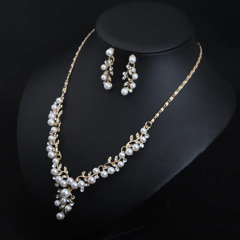 Style simple rhinestone pearl necklace and earrings set feminine and versatile accessories