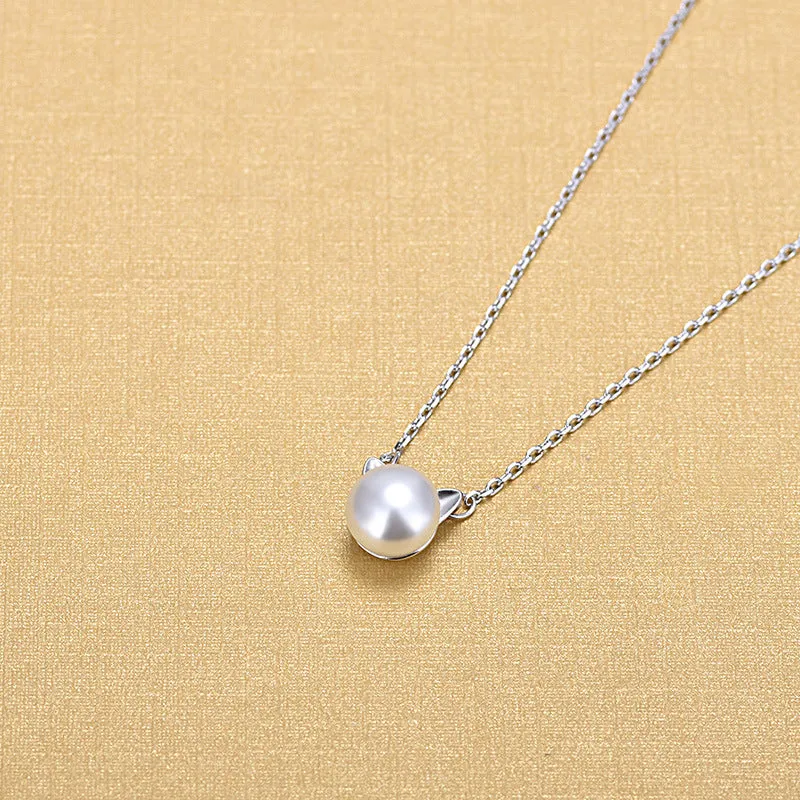 Sweet And Lovely Pearl Cat Ears Plated Platinum Short Necklace Temperament Kitten Clavicle Chain