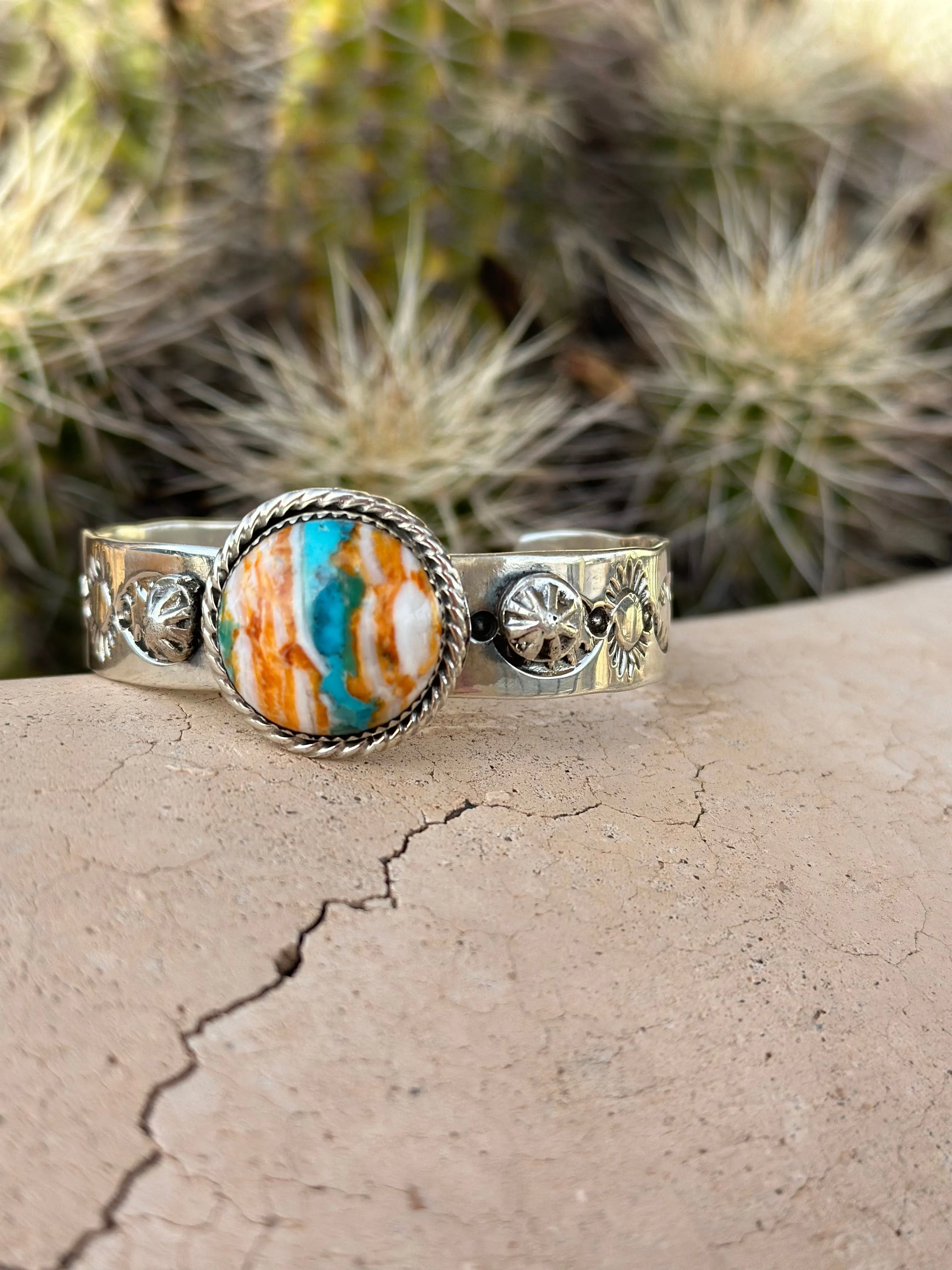 The NA Circle Spiney Oyster Turquoise Sterling Silver Cuff Bracelet