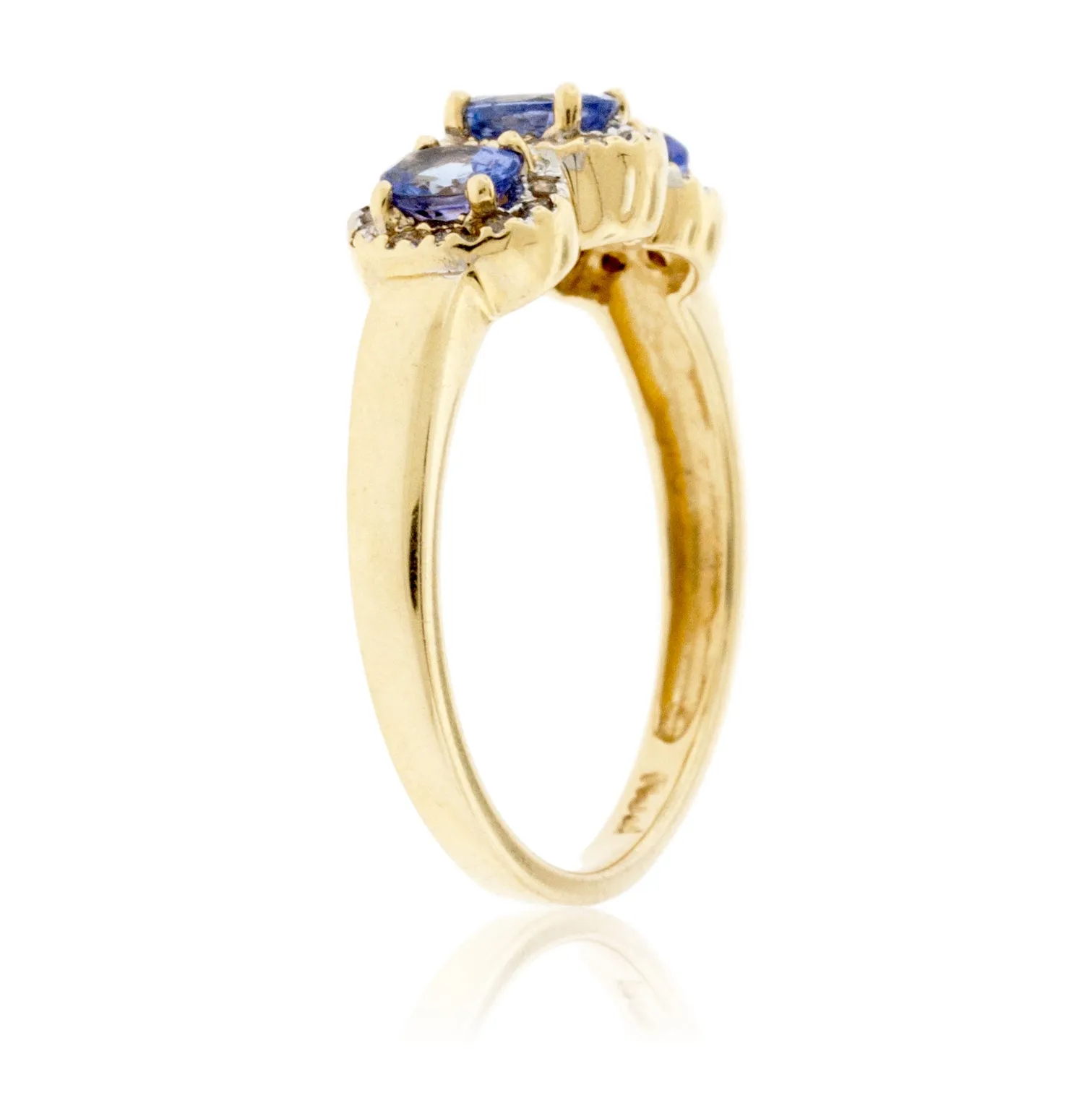 Three Stone Tanzanite with Diamond Halo Ring