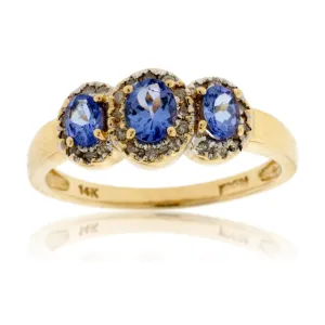 Three Stone Tanzanite with Diamond Halo Ring