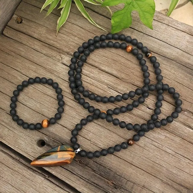 Tigers Eye & Black Onyx Bracelet/Necklace/Mala Set