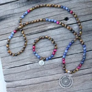 Tigers Eye & Sodalite Bracelet/Necklace with Charm/Mala Set