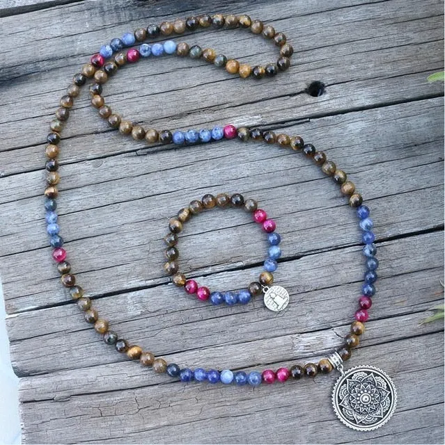 Tigers Eye & Sodalite Bracelet/Necklace with Charm/Mala Set