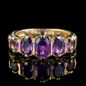 Victorian Style Amethyst Five Stone Ring 9Ct Gold 2.5Ct Of Amethyst