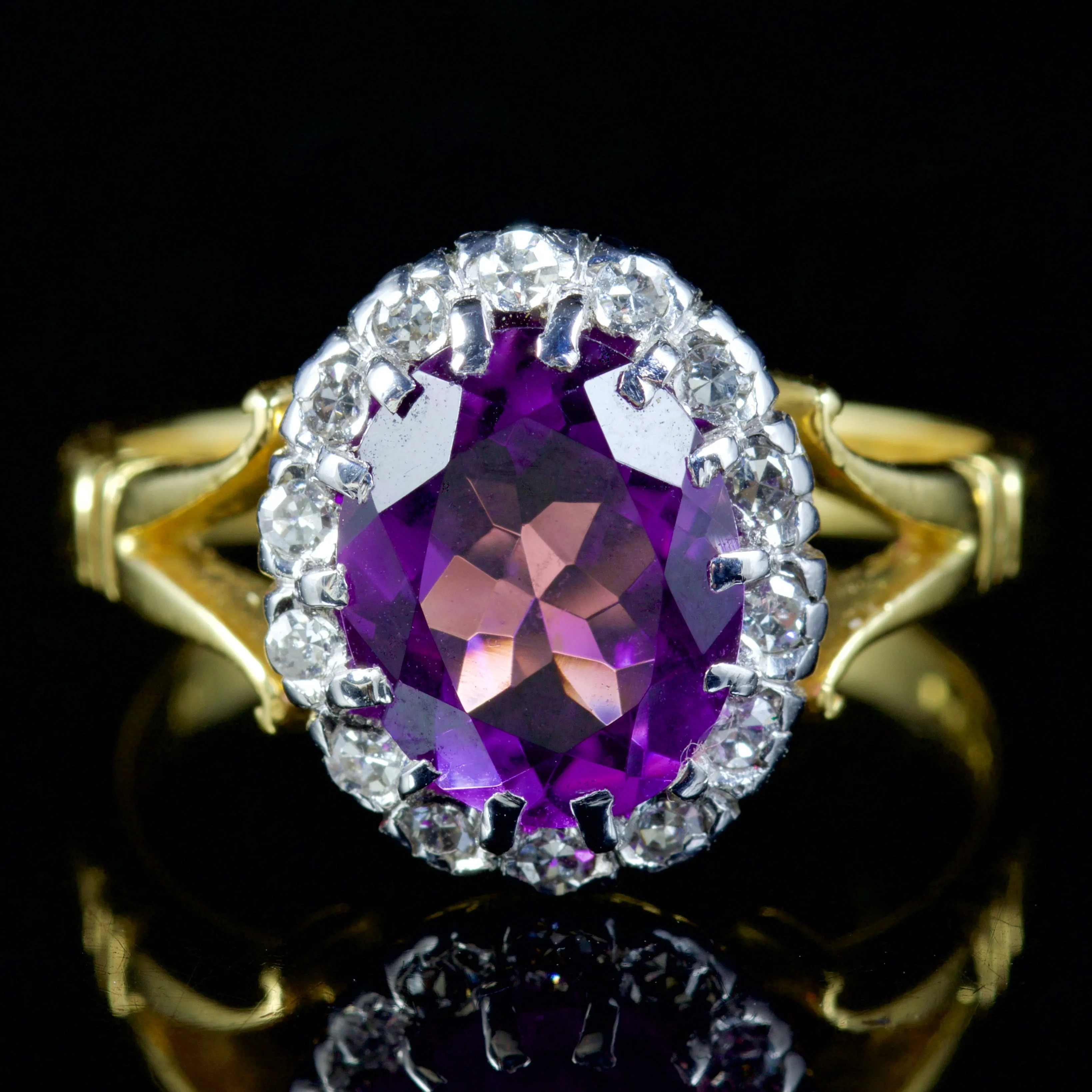 Vintage Amethyst Diamond Ring 18Ct Yellow Gold Dated 1975