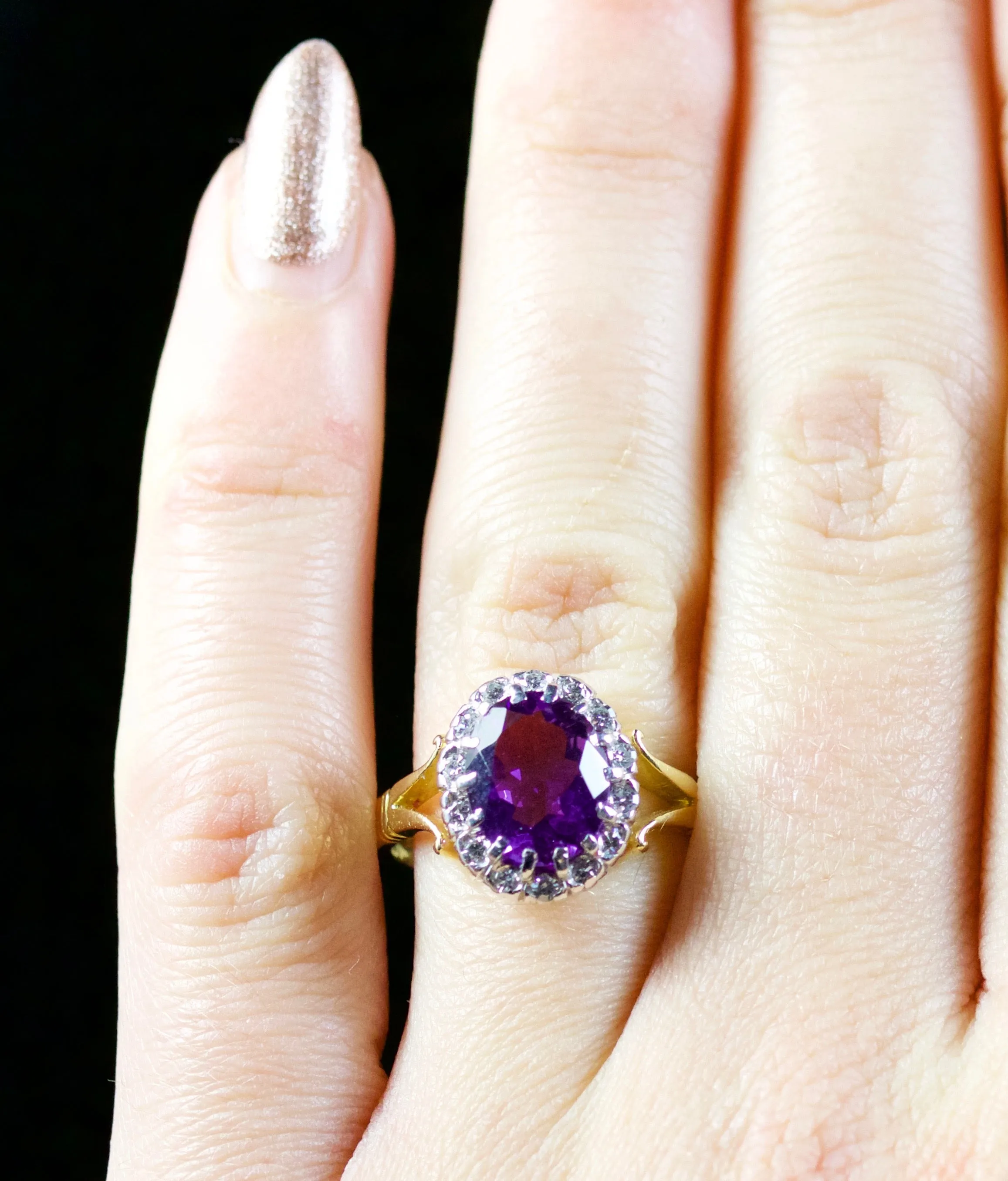 Vintage Amethyst Diamond Ring 18Ct Yellow Gold Dated 1975