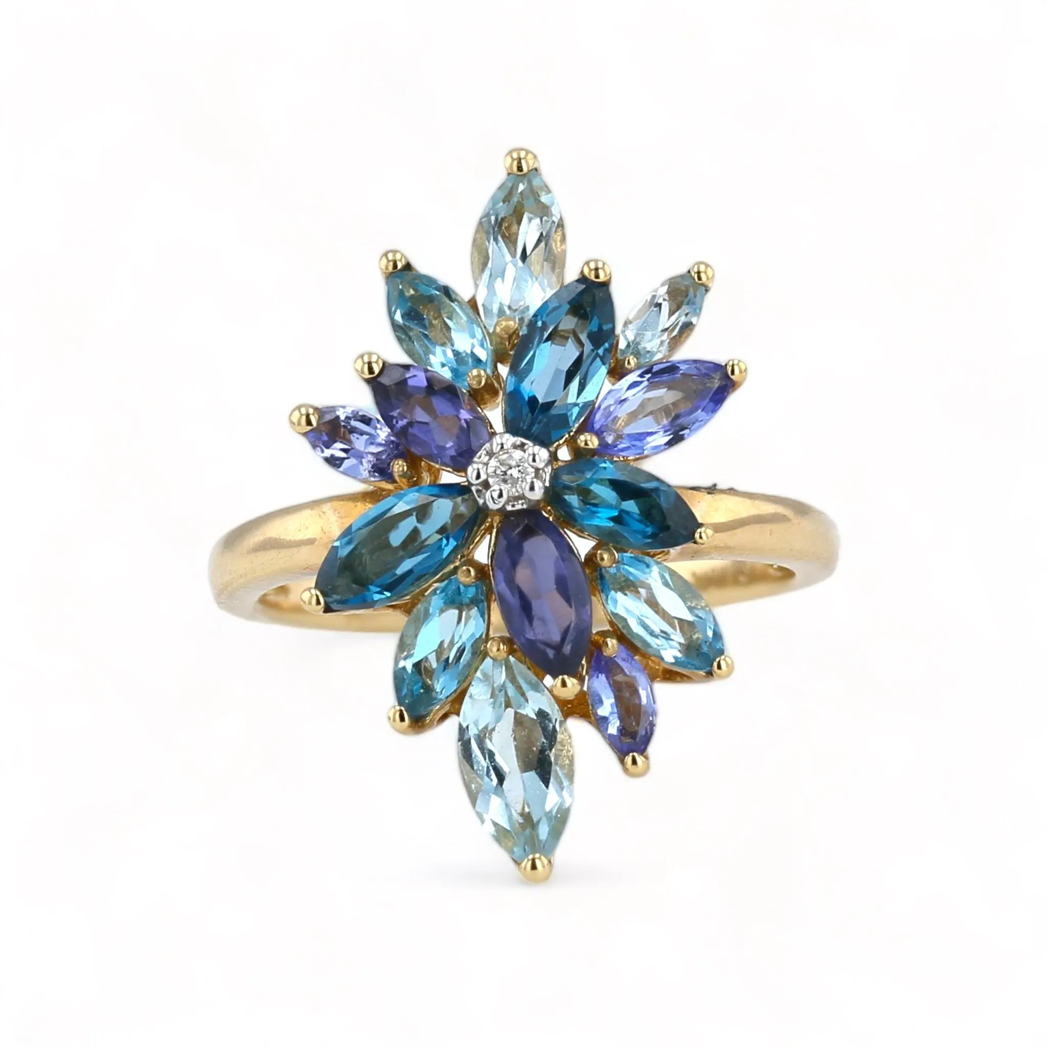 Yellow gold multi Tanzanite Topaz Sapphire Gemstone and diamond flower ring-18665